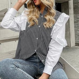 Stripe Ruffle trim button through blouse